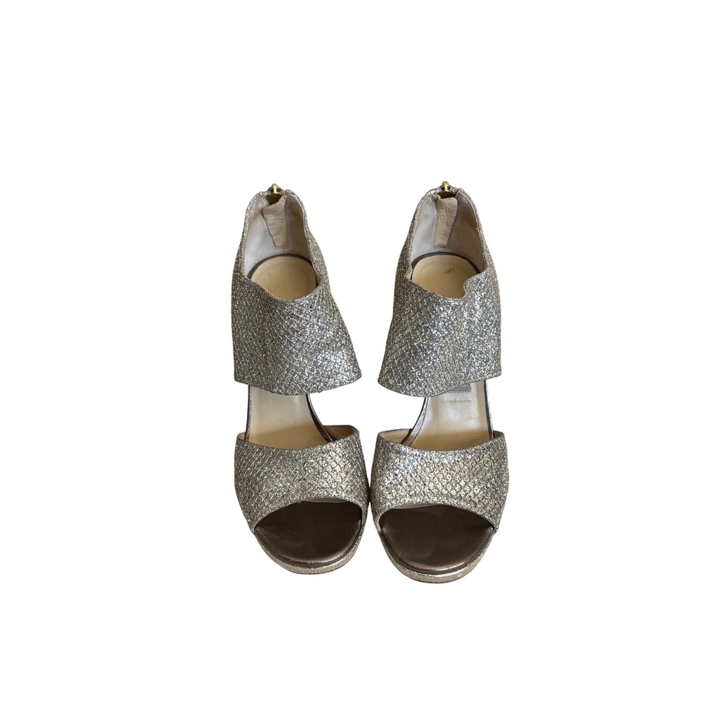 Jimmy Choo Champagne Glitter Peep Toe Platform Sandals Ankle Zip Heels 37.5